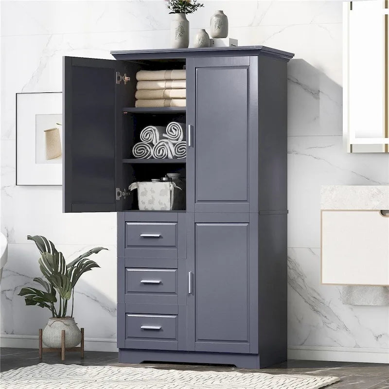 Meuble de rangement haut et large avec portes pour salle de bain, trois tiroirs