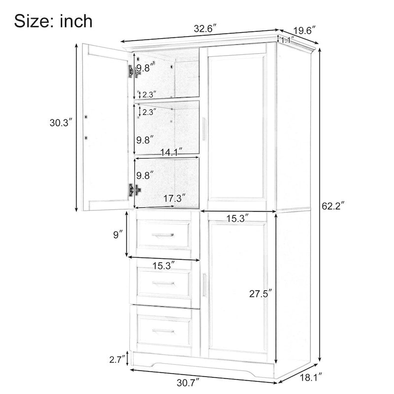 Meuble de rangement haut et large avec portes pour salle de bain, trois tiroirs