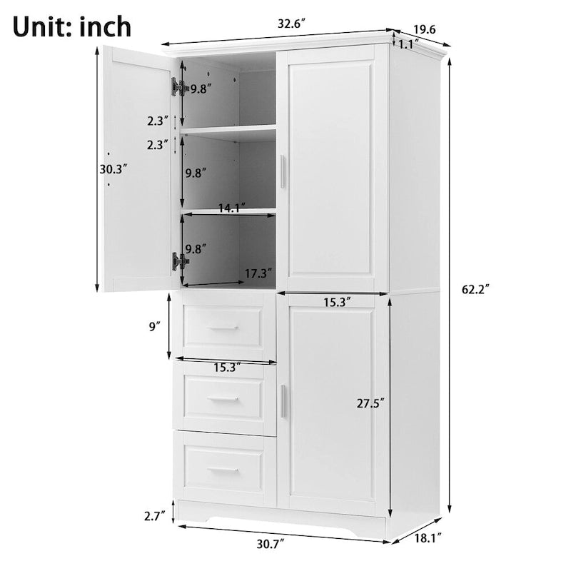 Meuble de rangement haut et large avec portes pour salle de bain, trois tiroirs
