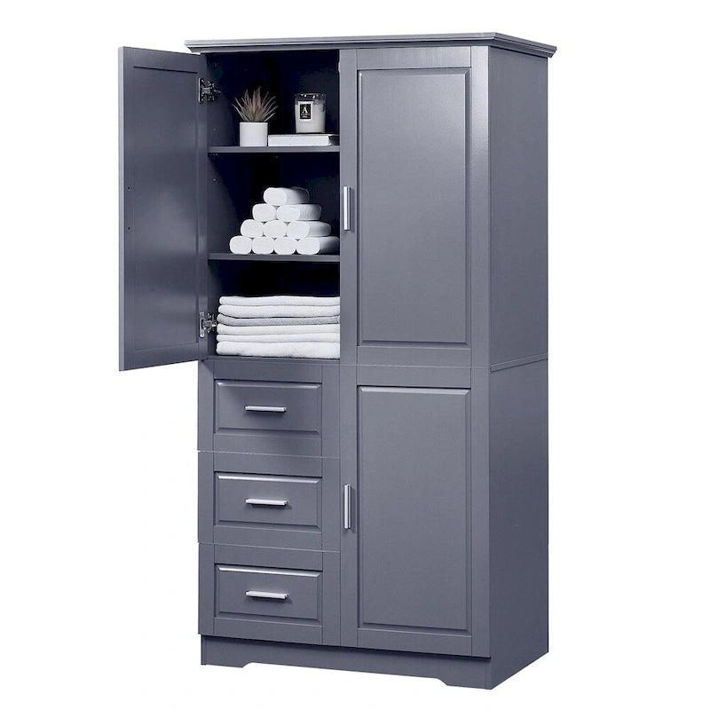 Meuble de rangement haut et large avec portes pour salle de bain, trois tiroirs