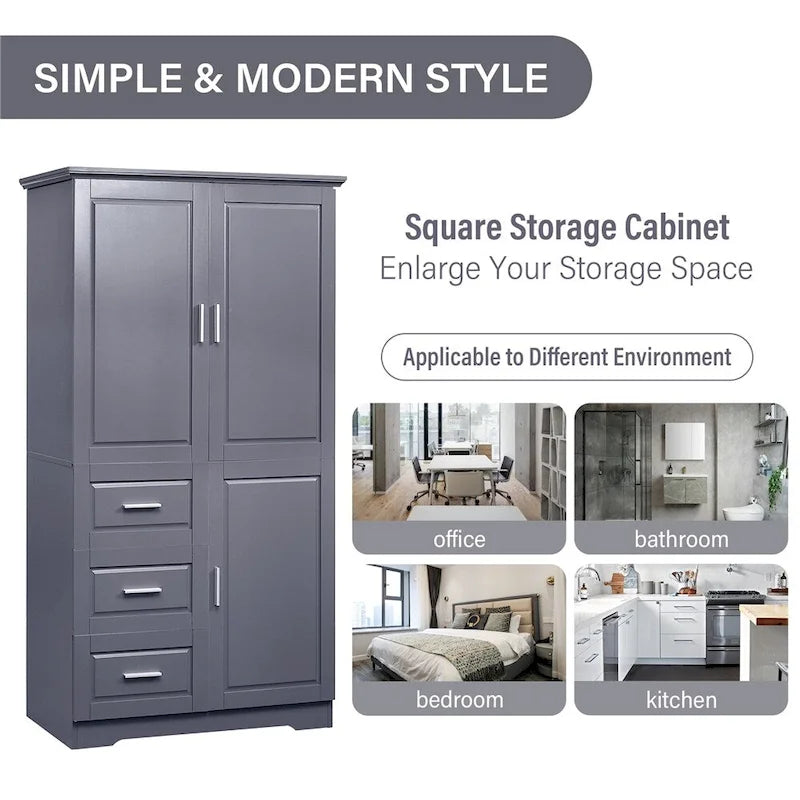 Meuble de rangement haut et large avec portes pour salle de bain, trois tiroirs
