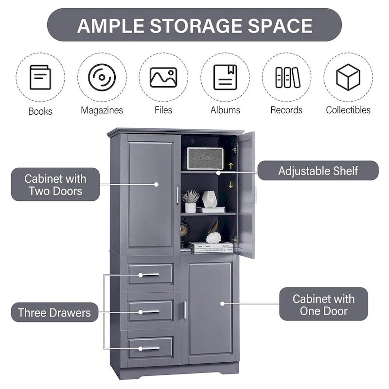 Meuble de rangement haut et large avec portes pour salle de bain, trois tiroirs
