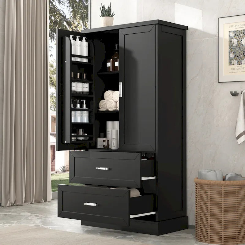 Meuble haut de salle de bain, Meuble avec deux portes et tiroirs, Étagère réglable, Panneau MDF