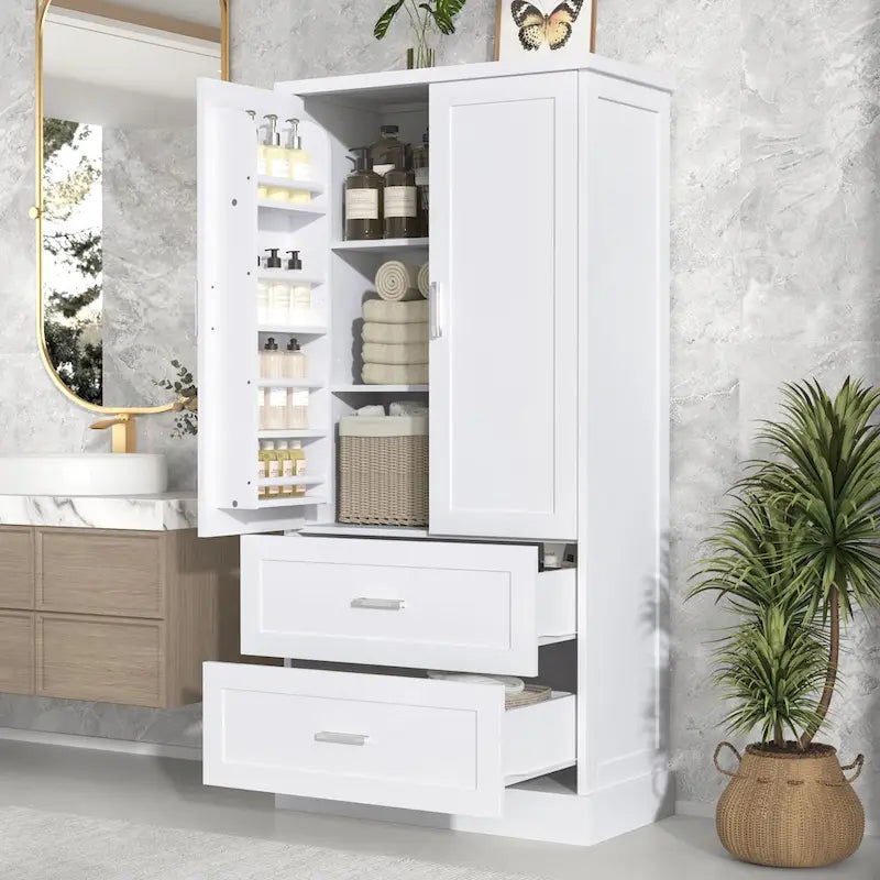 Meuble haut de salle de bain, Meuble avec deux portes et tiroirs, Étagère réglable, Panneau MDF