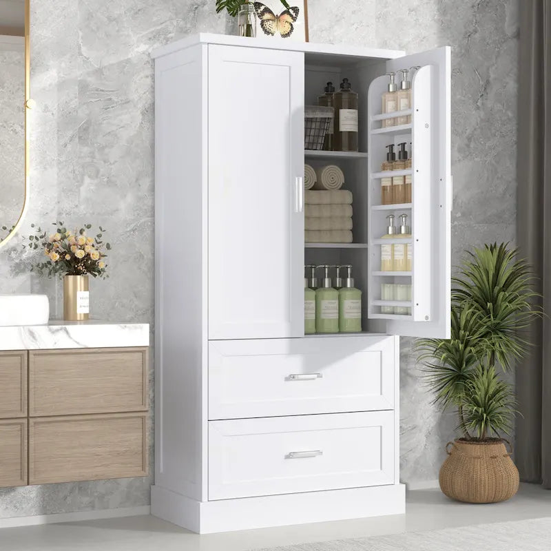 Meuble haut de salle de bain, Meuble avec deux portes et tiroirs, Étagère réglable, Panneau MDF